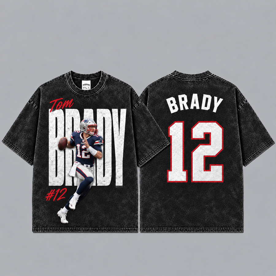 Tom Brady 12 Vintage Washed T-Shirt, Game Day Shirt, Game Day Fan Gift Unisex Game Day Gift, Merch Outfit, Fan Gift, Football Gift, Retro Football Merch, Men’s Football Jersey, Women’s Football Jersey, Sunday Football Shirt
