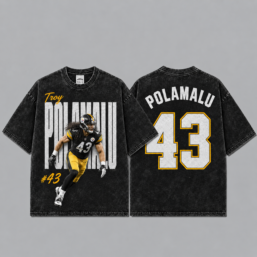 Troy Polamalu 43 Vintage Washed T-Shirt, Game Day Shirt, Game Day Fan Gift Unisex Game Day Gift, Merch Outfit, Fan Gift, Football Gift, Retro Football Merch, Men’s Football Jersey, Women’s Football Jersey, Sunday Football Shirt
