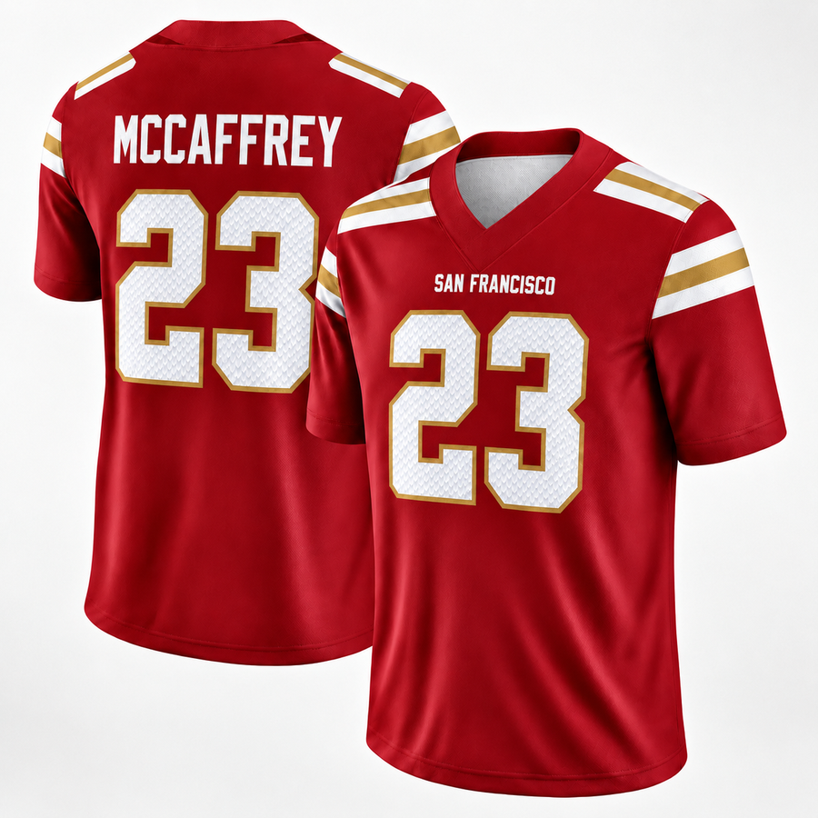 Christian McCaffrey 23 All Over Print 3D Vintage Jersey, 49ers Game Day Shirt, Game Day Fan Gift Unisex Game Day Gift, Merch Outfit, Fan Gift, Football Gift, Retro Football Merch, Men’s Football Jersey, Women’s Football Jersey, Sunday Football Shirt
